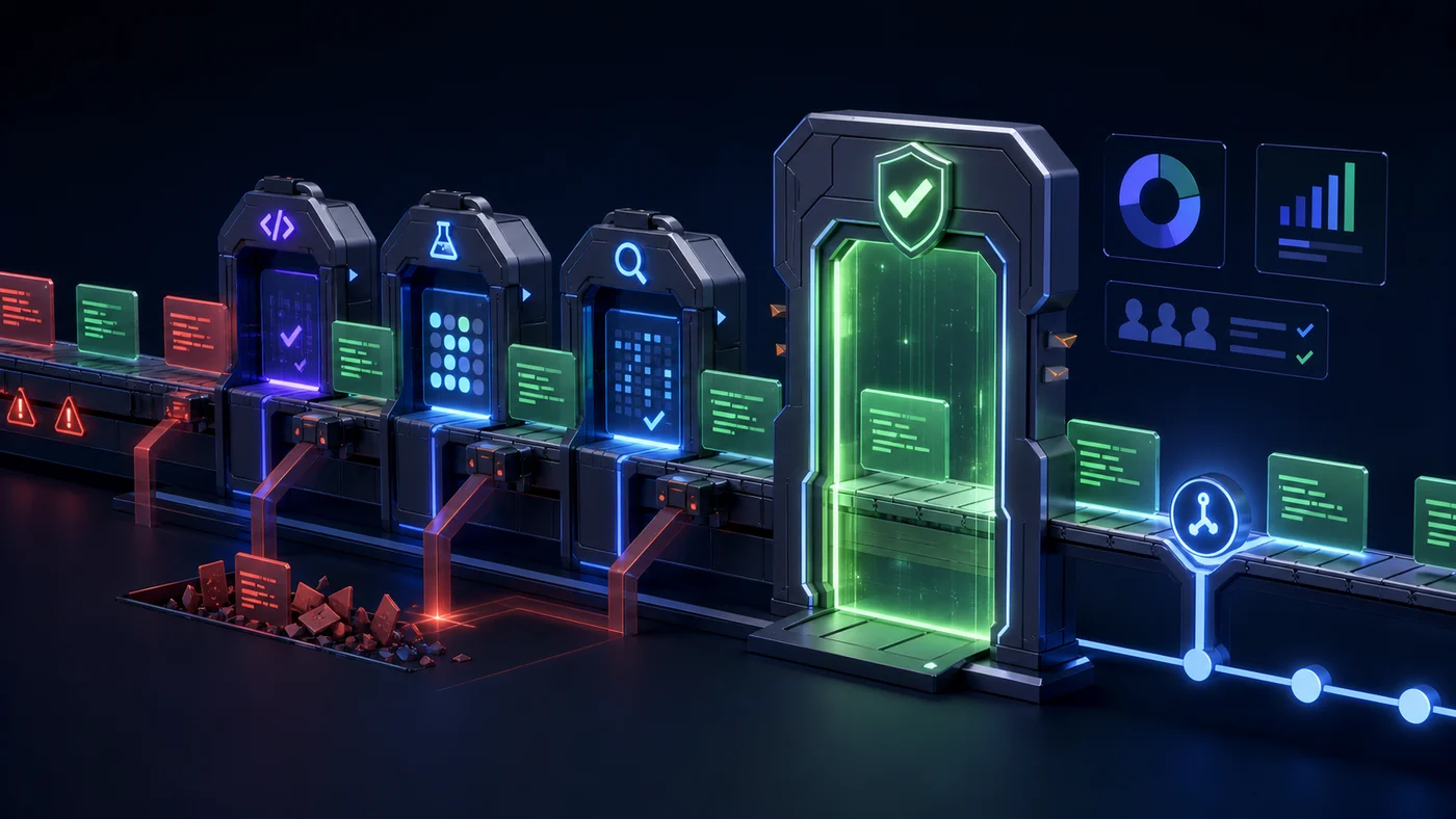 Code changes moving through automated tests, static analysis, and a final quality gate