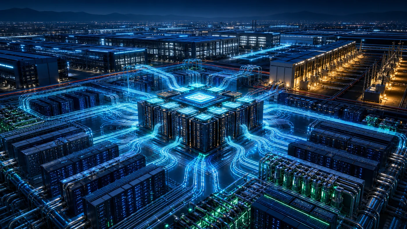 A large AI data-centre campus distributing workloads across connected processors, servers, cooling, and power systems